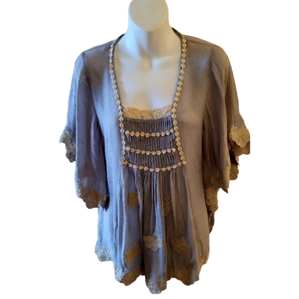 Esley Gauze Material Summer Drop Waist Lightweight Blouse Blue and Ivory Size S